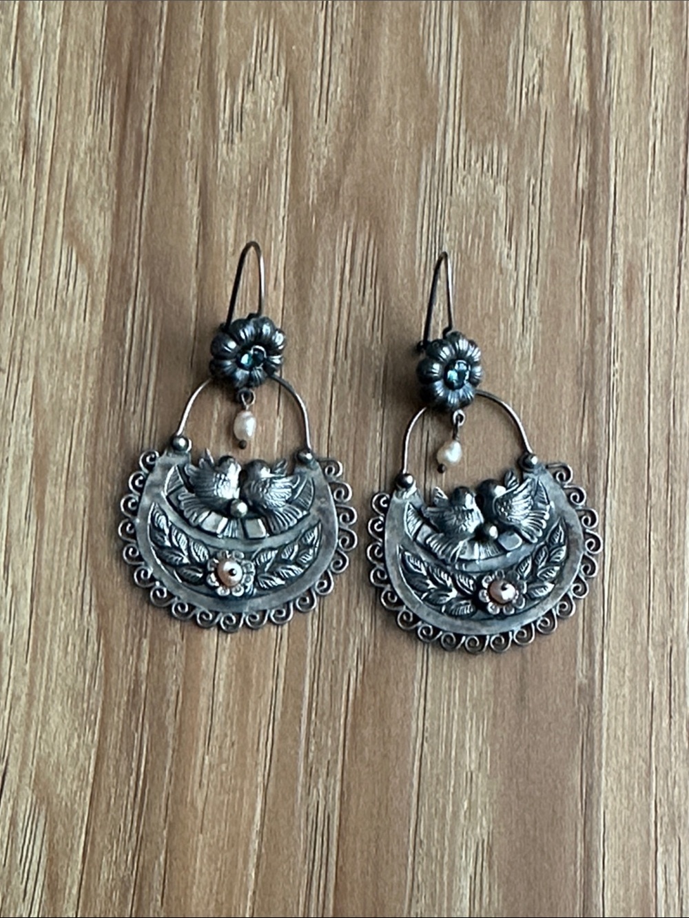 Oxidized Sterling Silver Bird & Floral Drop Earrings with Pearl Accent